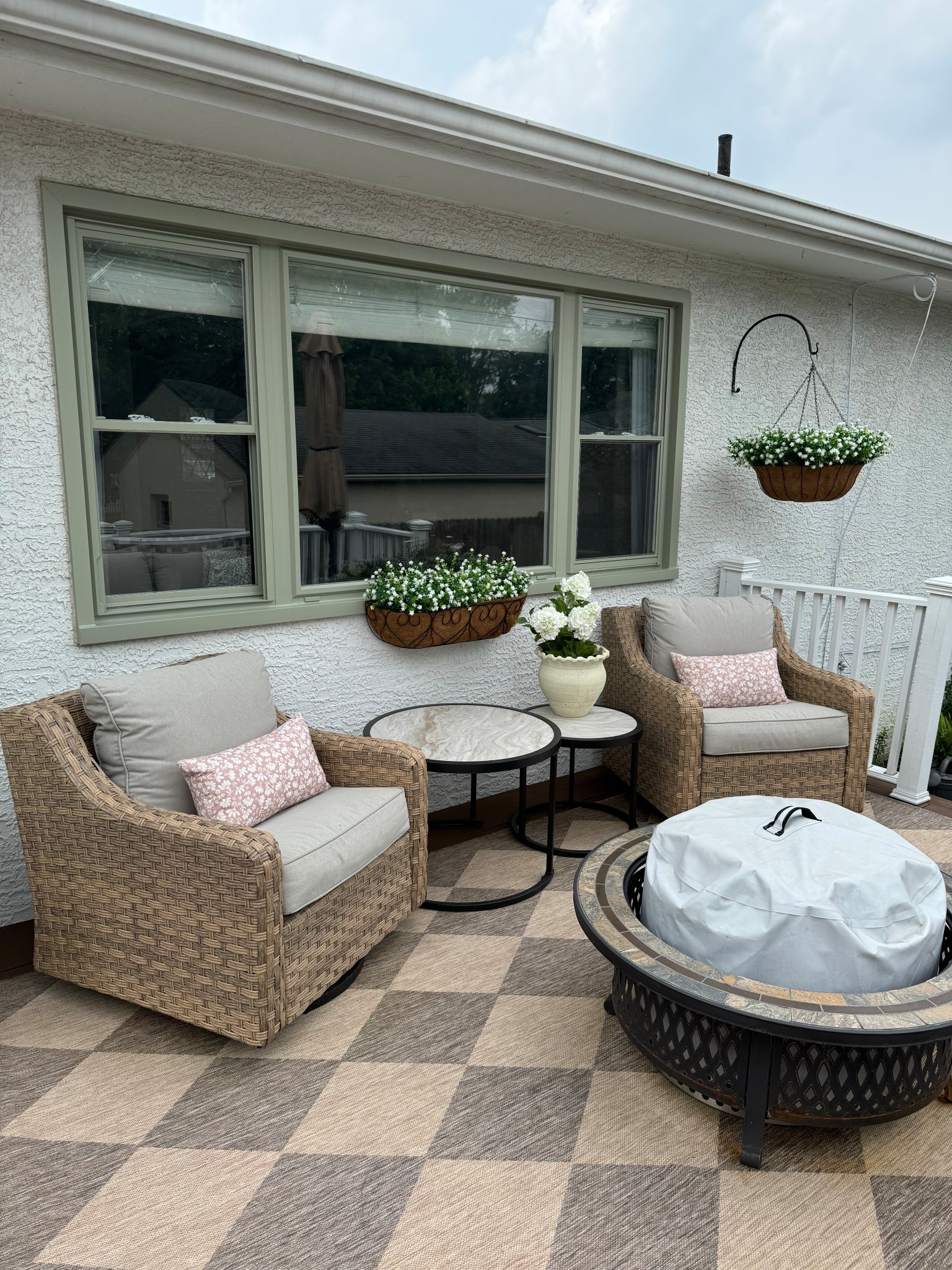 Outdoor seating 🤍 

Deck - swivel chairs - waterproof - weather resistant - river oaks - Walmart - Amazon - affordable - faux flowers - planters - throw pillows - paint 

#LTKHome #LTKSeasonal #LTKSummerEdit
