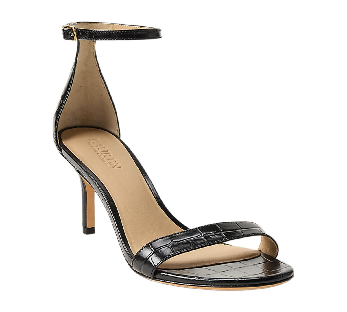 Lauren Ralph Lauren Women's Allie Mid-Heel Crocodile-Embossed Sandal - Black | Macy's