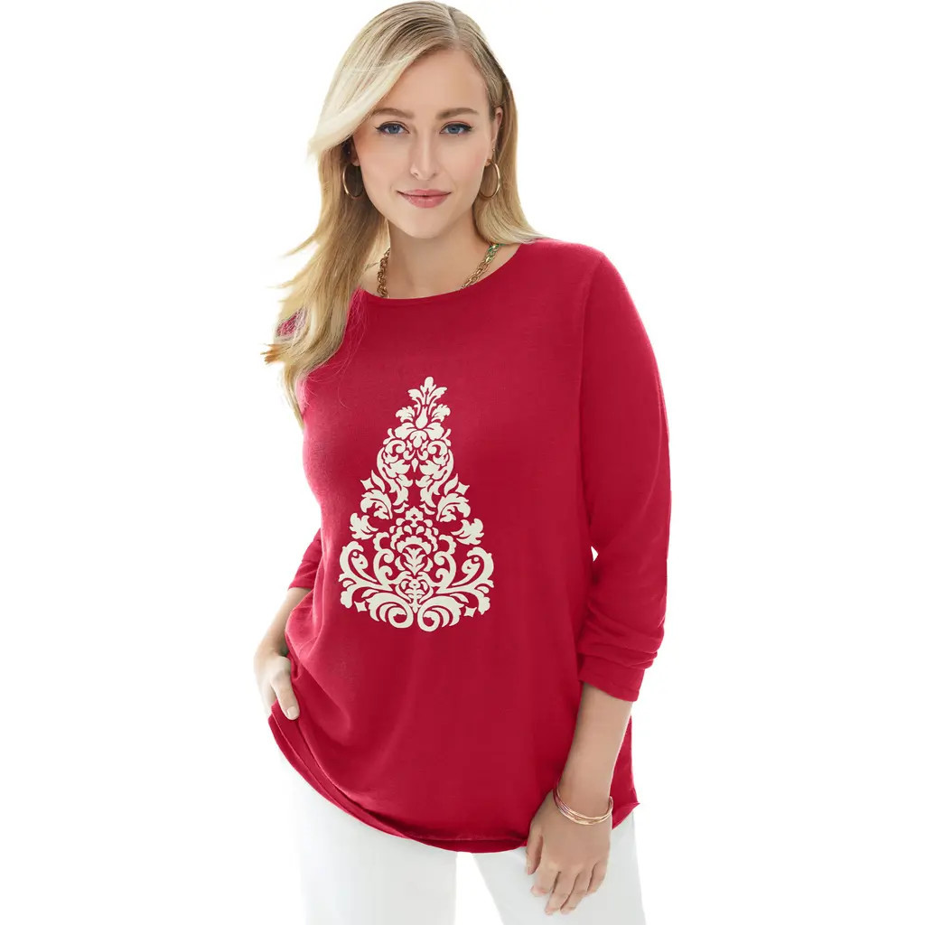 Jessica London Holiday Motif Pullover in Classic Red Christmas Tree at Nordstrom, Size 12 | Nordstrom