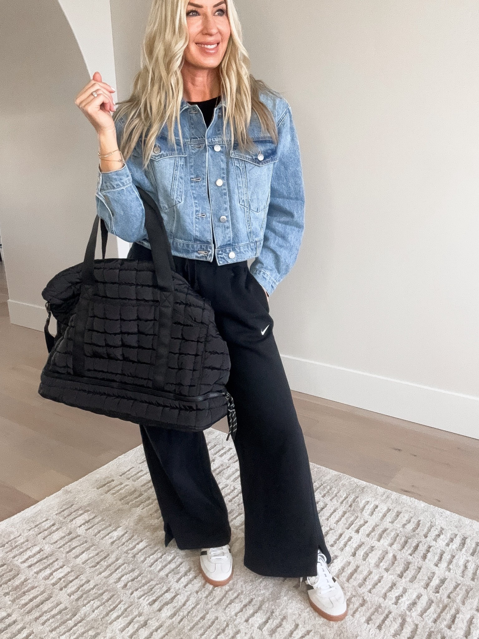 Weekend Bag 
Travel Bag 
Carry On Bag
Cropped denim jacket 
Wide leg Nike sweats 
Adidas Spezial (size down) 
Everyday Fashion 
OOTD 


#LTKTravel #LTKootd #LTKmomlife