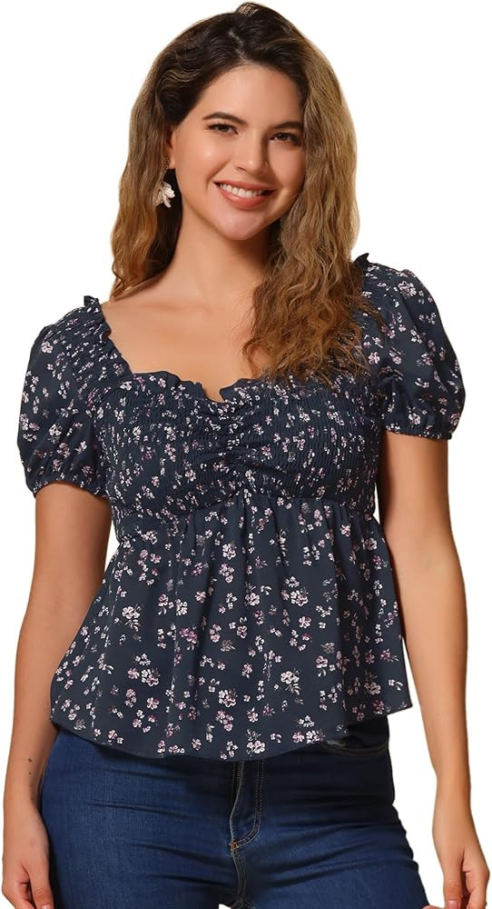 Allegra K Puff Short Sleeve Floral Blouse for Women's Sweetheart Neck Shirred Ruffle Peplum Top | Amazon (US)
