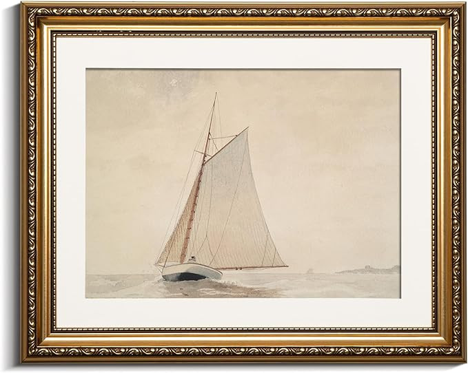VIYYIEA Gold Framed Large Canvas Wall Art for Living Room,White Sailboat Seascape Watercolor Vint... | Amazon (US)