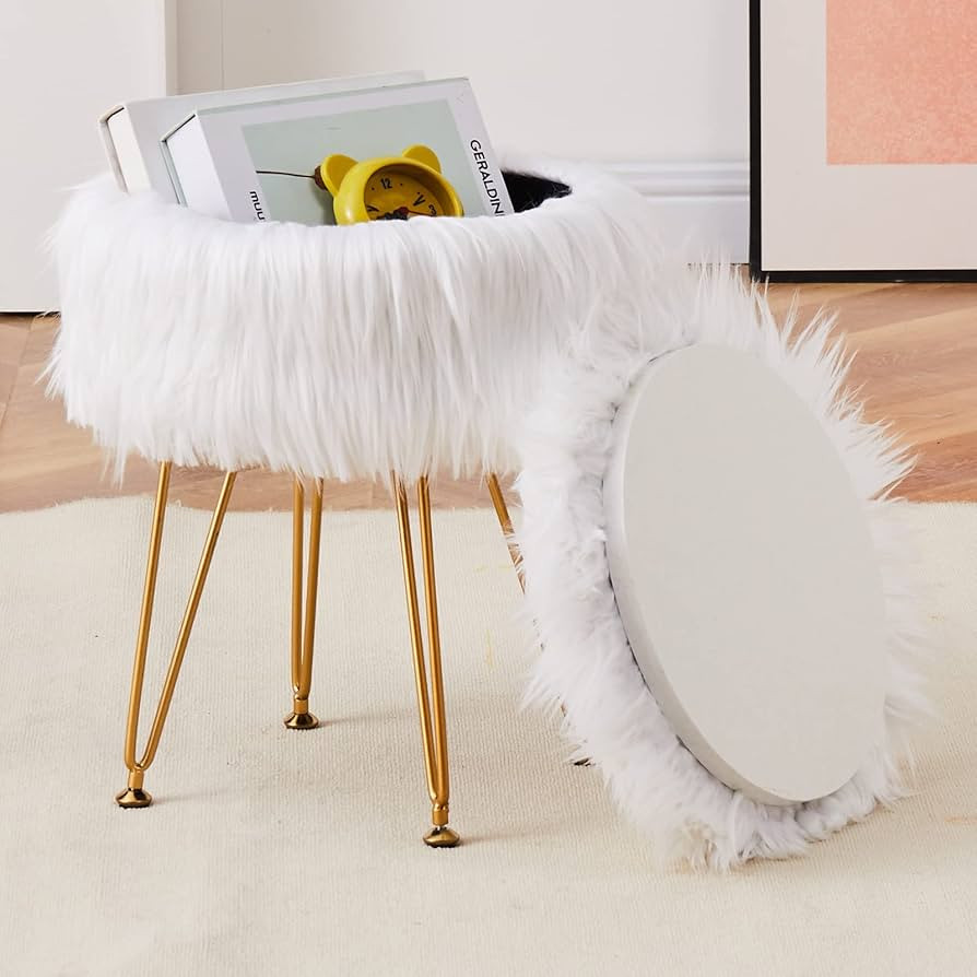 Mxfurhawa Faux Fur Storage Ottoman Round Furry Vanity Stool Marble Grain Tray Coffee Table Compac... | Amazon (US)