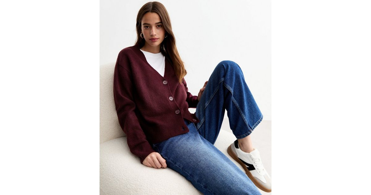 Burgundy Button Knit Cardigan  | New Look | New Look (UK)