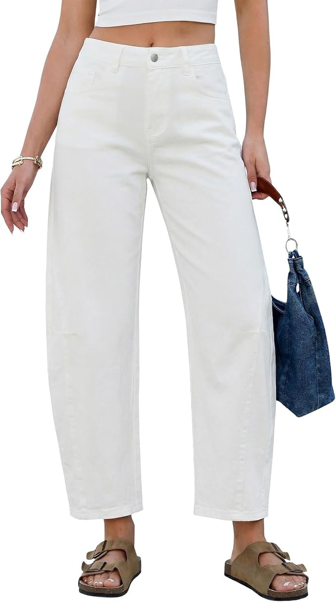 GRAPENT Barrel Jeans for Women Cropped Trendy High Waisted Baggy Side Seamed Casual Stretchy Deni... | Amazon (US)