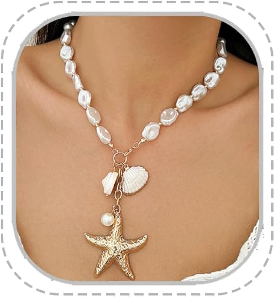 Gold Starfish Necklaces for Women Sea Shell Mermaids Necklaces Mermaid Beach Charm Necklace Mermaids Shell Beaded Choker Necklace Trendy Summer Jewelry | Amazon (US)