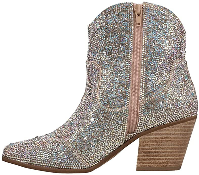 Matisse Womens Harlow Rhinestone Snip Toe Boots Ankle Mid Heel 2-3" - Silver | Amazon (US)