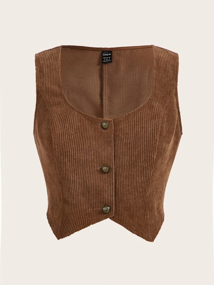 SHEIN EZwear Plus Size Women,Western Wear Women,Brown Vest Waistcoat, Corduroy Fabric, Suitable F... | SHEIN