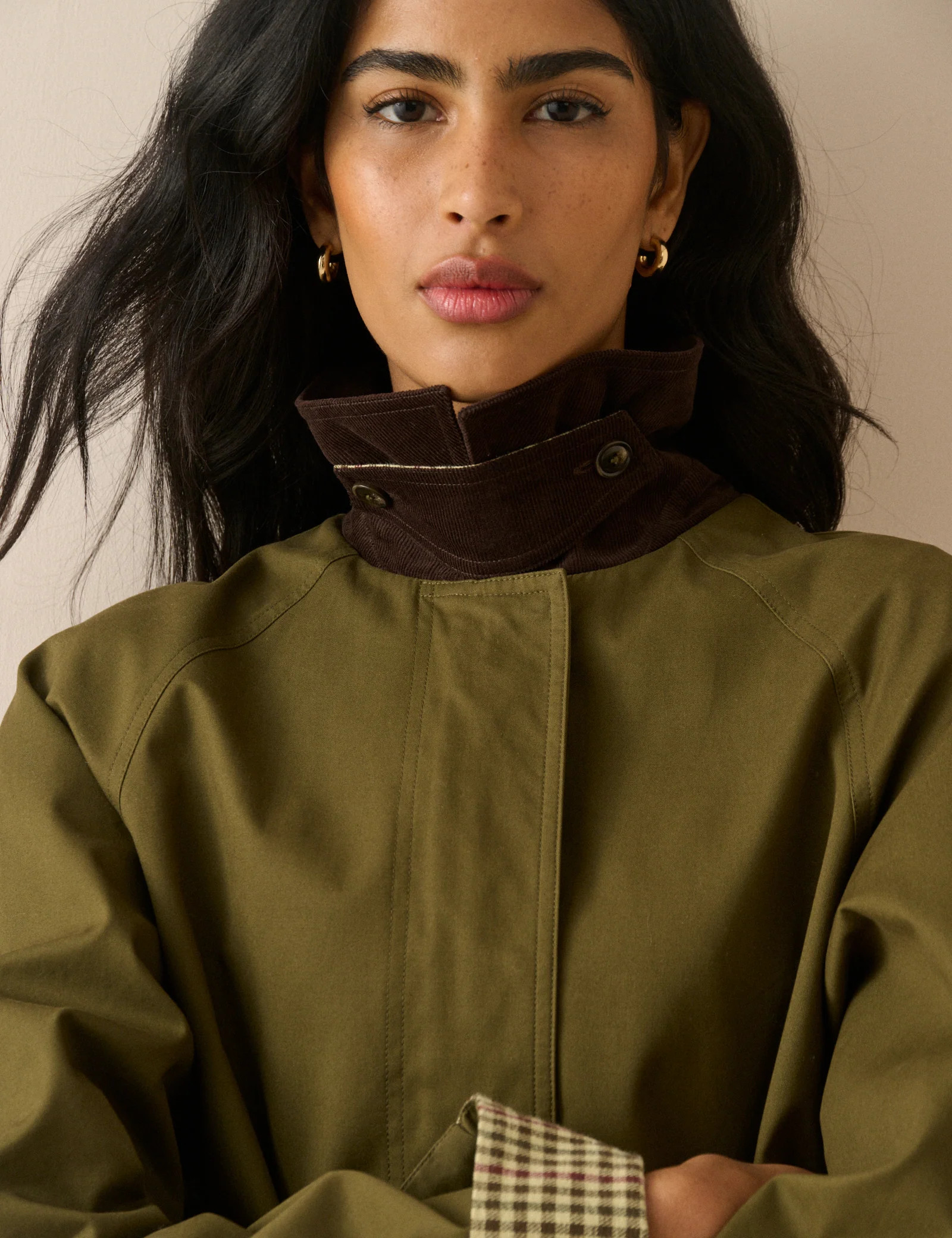 Khaki Cord Detail Long Barn Coat | Nobody's Child