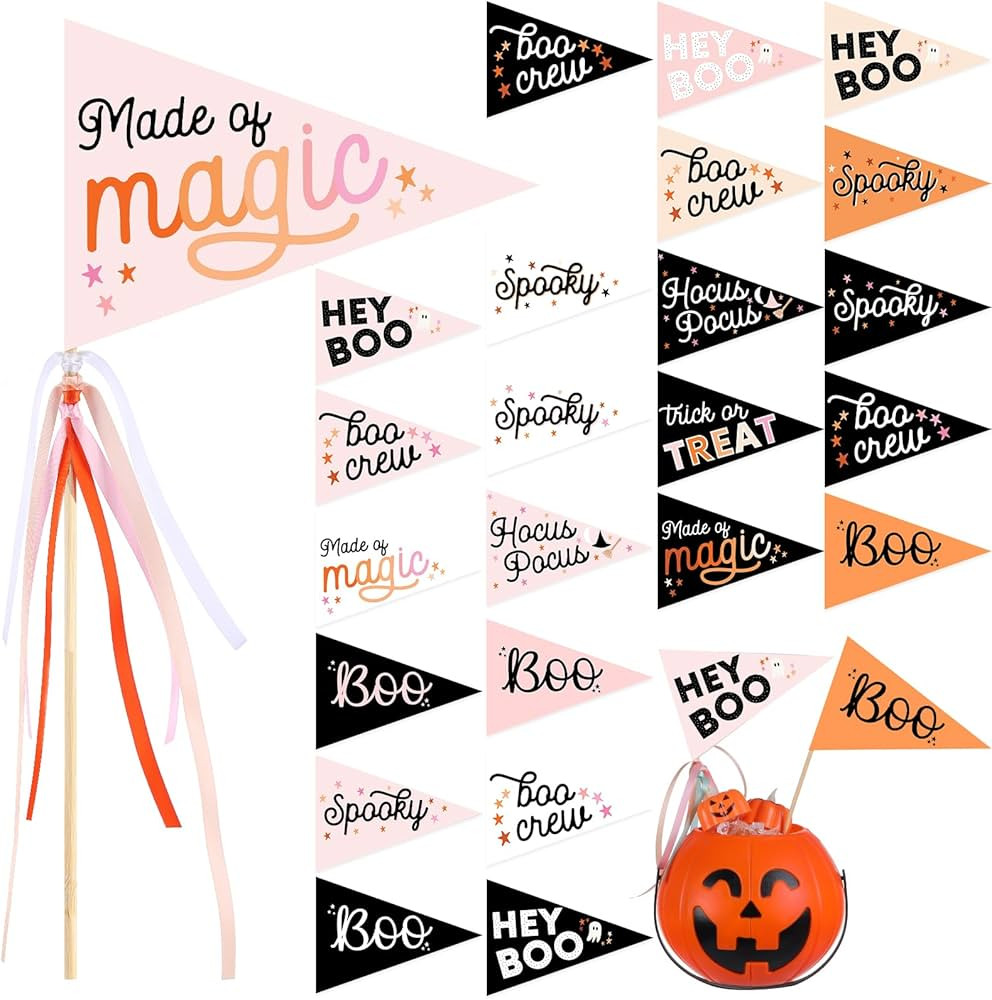 24 Pcs Halloween Stick Flags Decorations Boo Mini Handheld Flag on Wood Stick Ghost Pennant Paper... | Amazon (US)