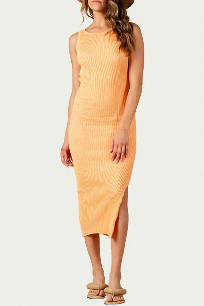 Amaryllis Open-Back Ribbed Knit Midi Dress In Apricot | Shop Simon