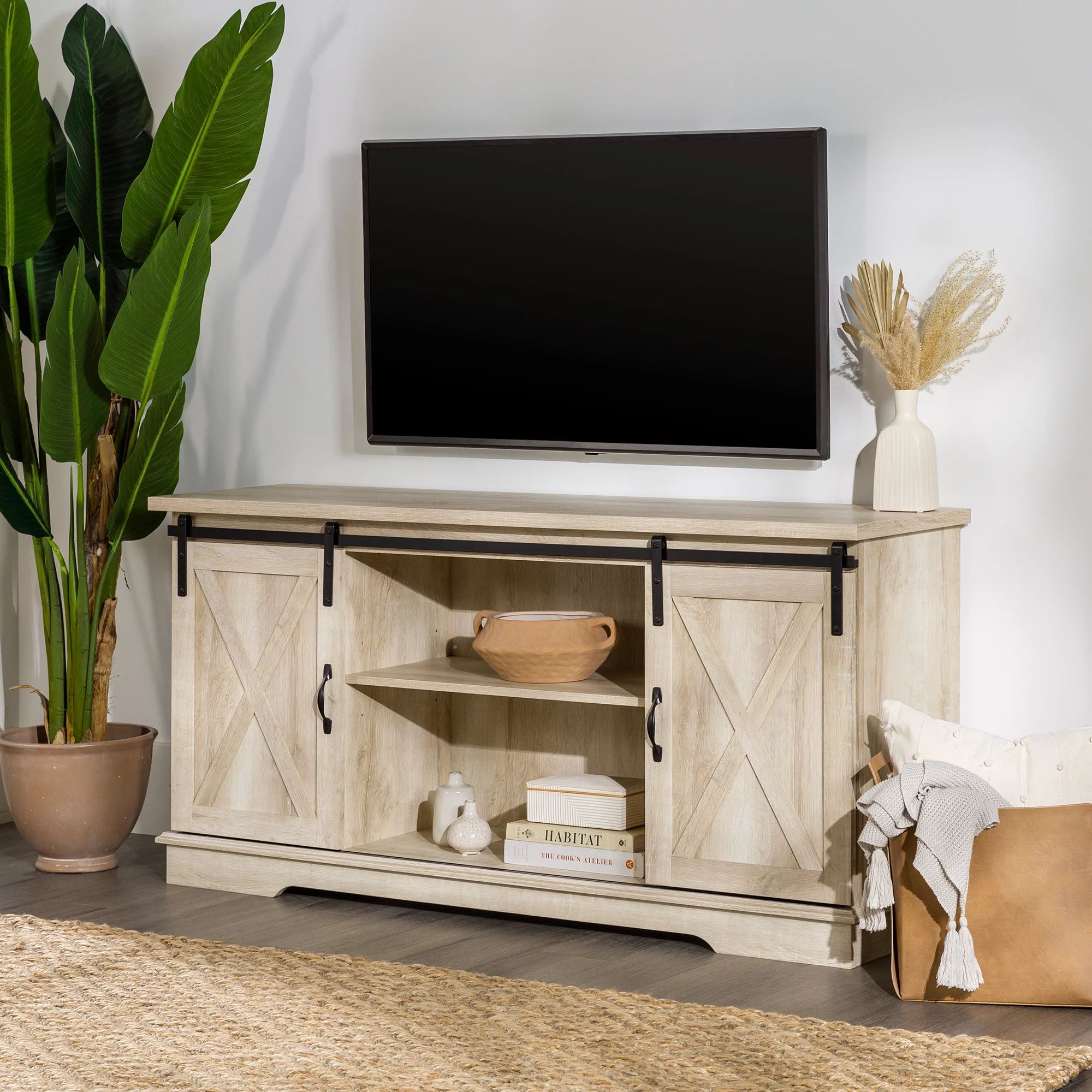 Woven Paths Sliding Farmhouse Barn Door TV Stand for TVs up to 65", White Oak | Walmart (US)