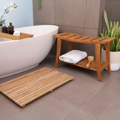 Nordic Teak 30" Asian Style Shower Bench with Shelf - Beige | Target