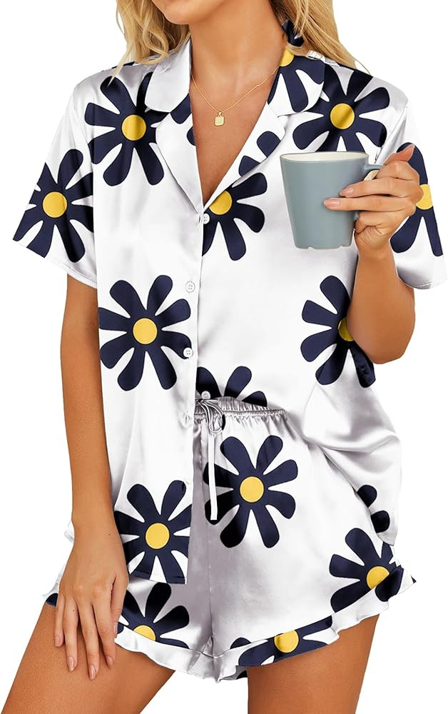 HOTOUCH Womens Satin Pajamas Set Button Down 2 Piece Silk Pjs Shorts Set Ruffle Lingerie Notch Co... | Amazon (US)