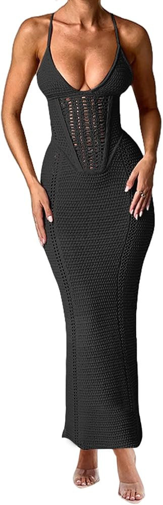 BOLLEY JOSS Women Crochet Knit Bodycon Maxi Dress Sexy Backless Lace up Hollow Out Corset Dress O... | Amazon (US)