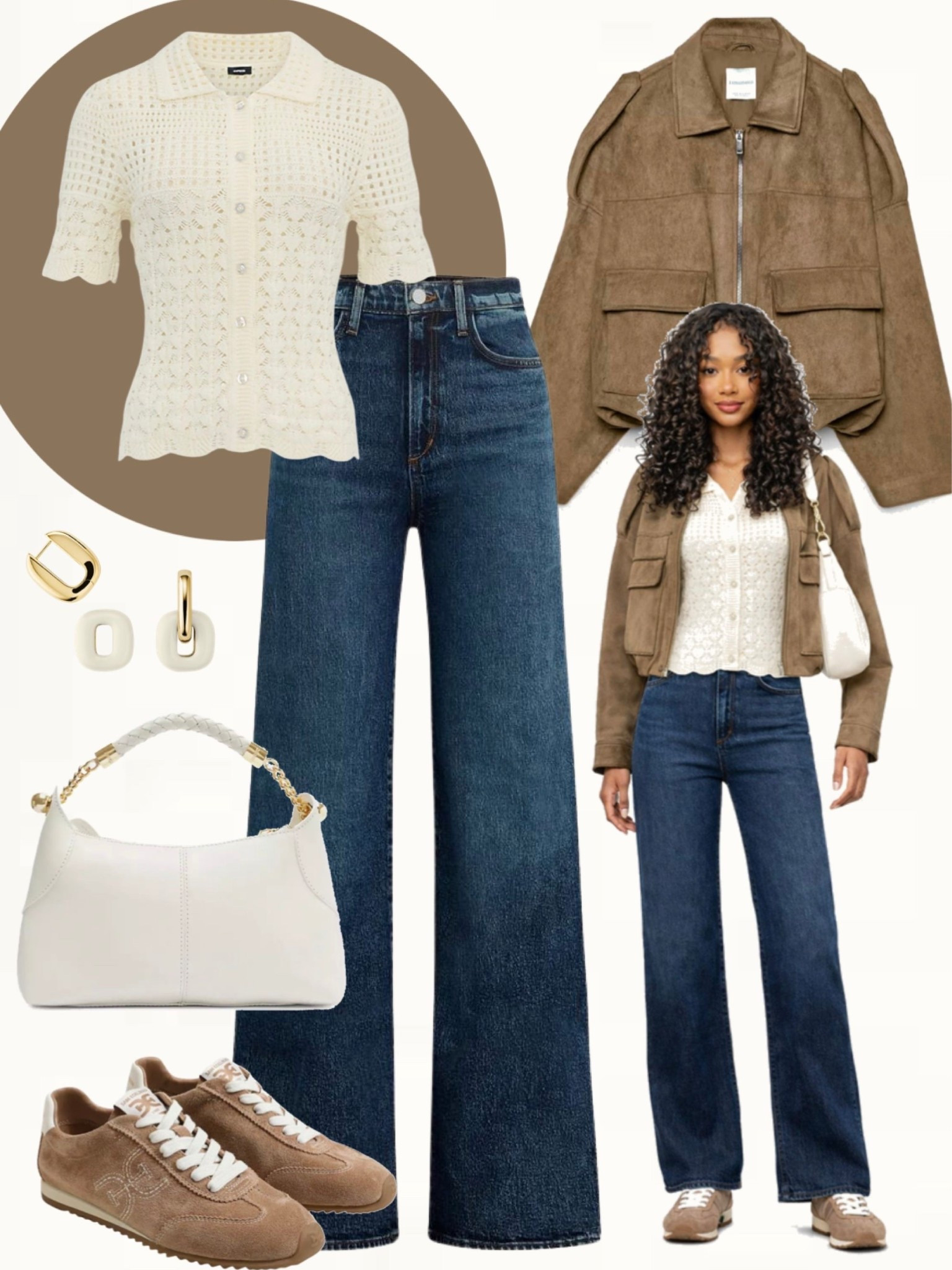 Cream crochet top with dark blue straight-leg jeans, brown suede jacket, neutral sneakers, and a white shoulder bag.
#effortlessstyle #everydayoutfit #springlooks

#LTKootd #LTKSeasonal #LTKOver40
