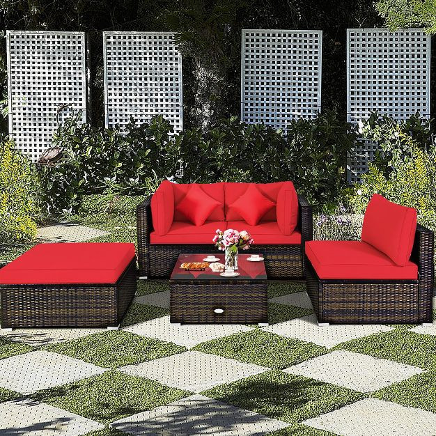 Costway 5PCS Outdoor Patio Rattan Furniture Set Sectional Conversation W/Red Cushions | Target