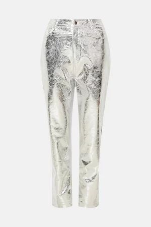 Silver Crackle Faux Leather Straight Trouser | Warehouse UK & IE