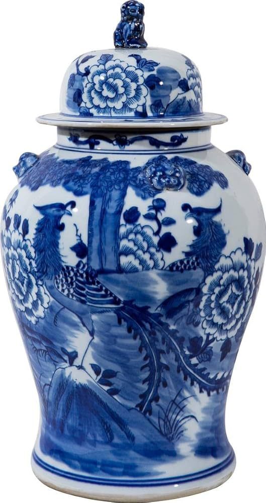 Temple Jar Vase Phoenix Tree Lion Handle Small Blue White Ceramic H | Amazon (US)
