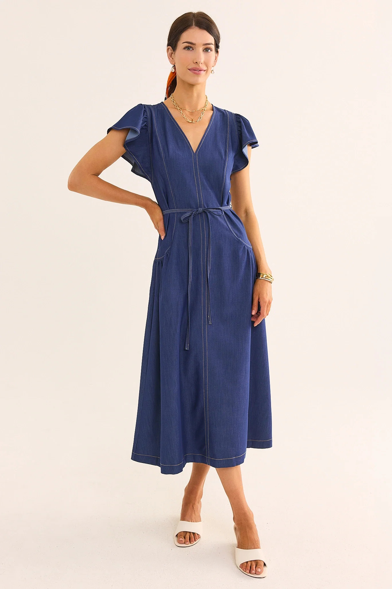 Denim Flutter Sleeve Midi Dress | Avara