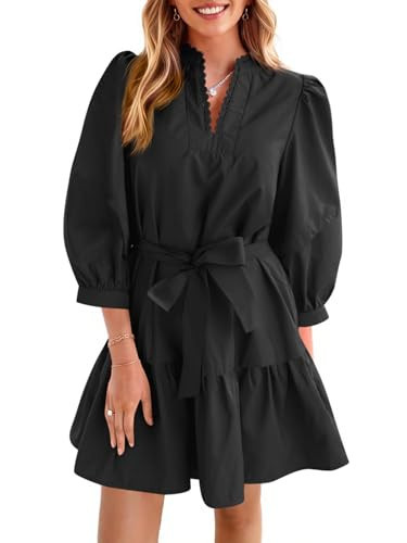 Cicy Bell Womens Puff 3/4 Sleeve Mini Dresses Bow Tie Waist V Neck Casual Trendy Ruffle Tiered Short Dresses Black | Amazon (US)