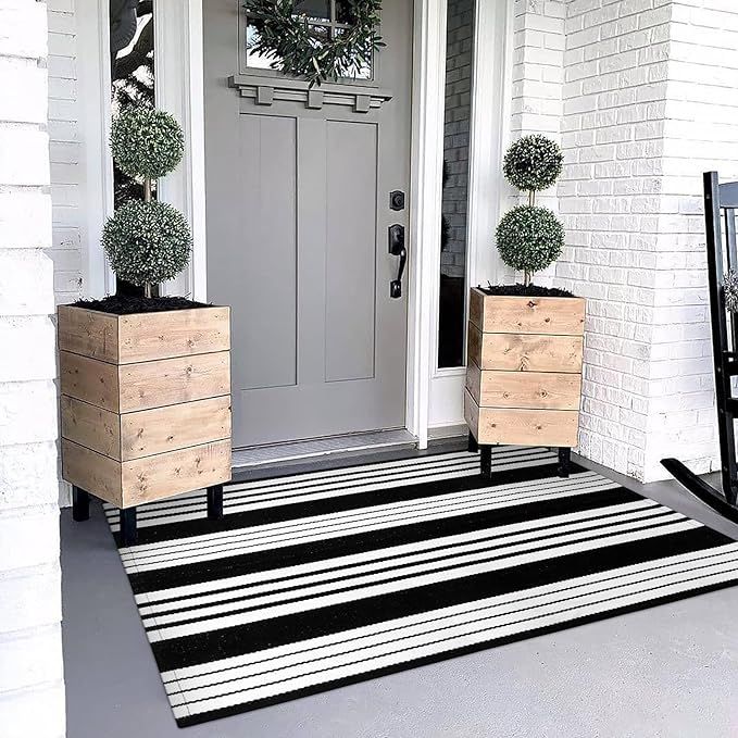 OJIA Black and White Outdoor Rug 3 x 5 ft Cotton Hand-Woven Striped Rug,Machine Washable Indoor/O... | Amazon (US)