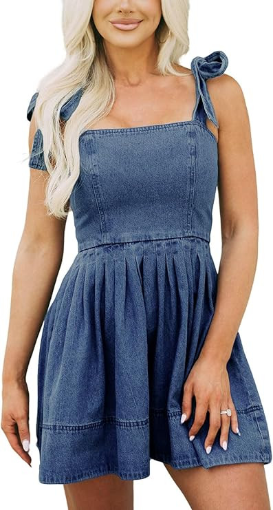Women's Summer Tie Shoulder Sleeveless Denim Mini Dress Casual Flowy Swing Pleated Short Denim Dr... | Amazon (US)