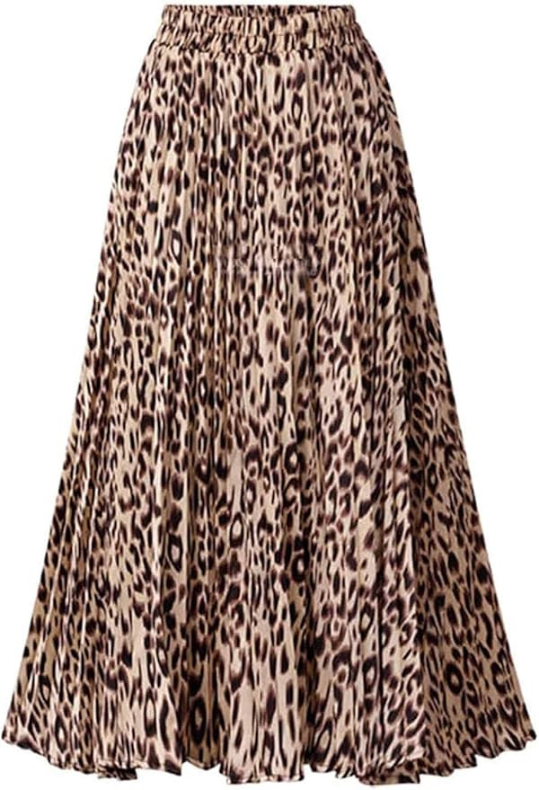 Basoteeuo Womens Skirt Leopard Print Midi Long Shirring Pleated Skirts High Waisted A Line Skirts | Amazon (US)