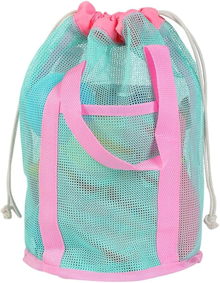 Mesh Beach Bag - Green Pink Strap - Perfect for Toys & Travel - Drawstring Closure | Amazon (US)