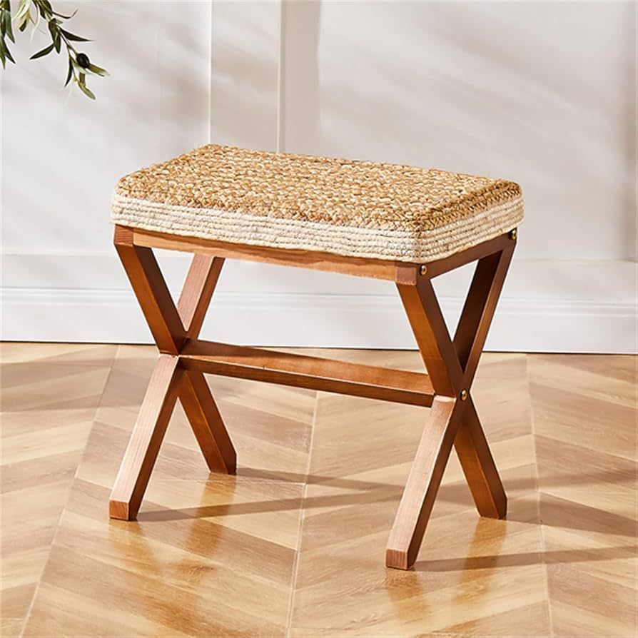 Straw stool long bench home door shoe bench living room home solid wood rattan chair long bench | Amazon (US)