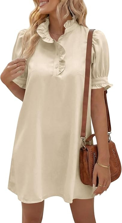 Wenrine Womens Summer Puff Short Sleeve Mini Dress Casual Ruffle V Neck Half Button Loose Shift D... | Amazon (US)