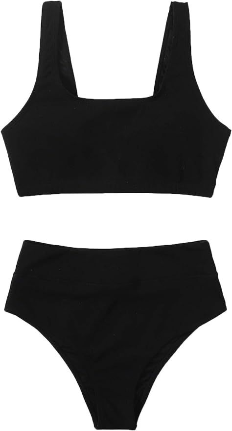 SweatyRocks Women's Swimwear Set Solid Scoop Neck High Waisted Bikini Swimsuits | Amazon (US)