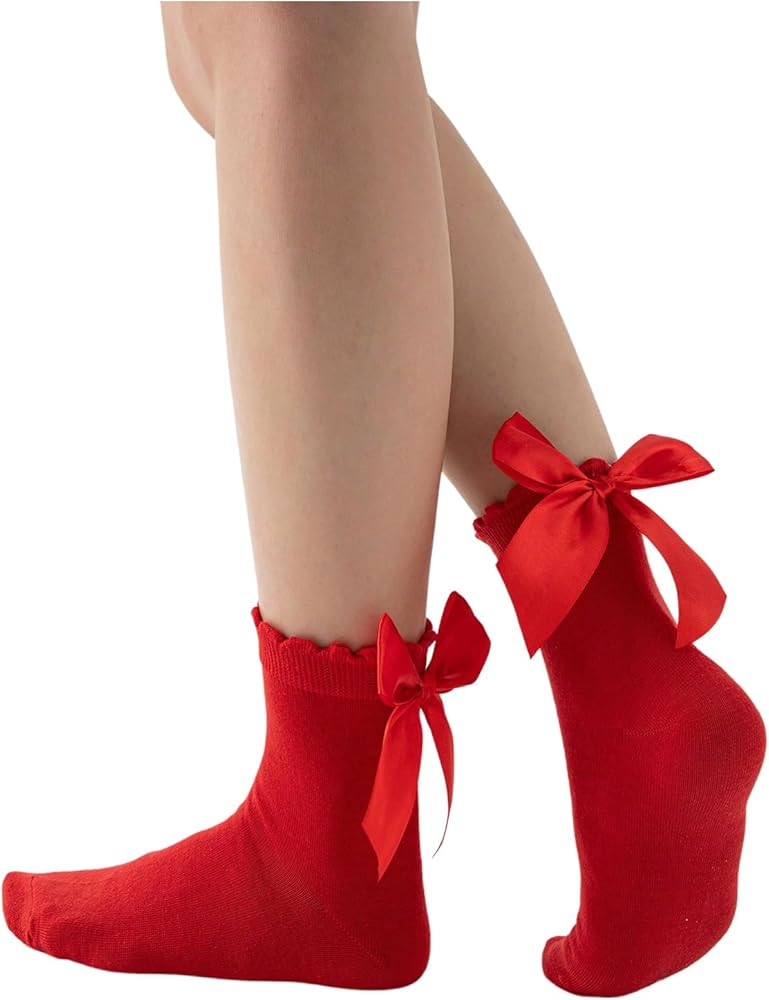 SHENHE Women's Kawaii Bow Socks Ruffle Frilly Above Ankle Socks Cute Holiday | Amazon (US)