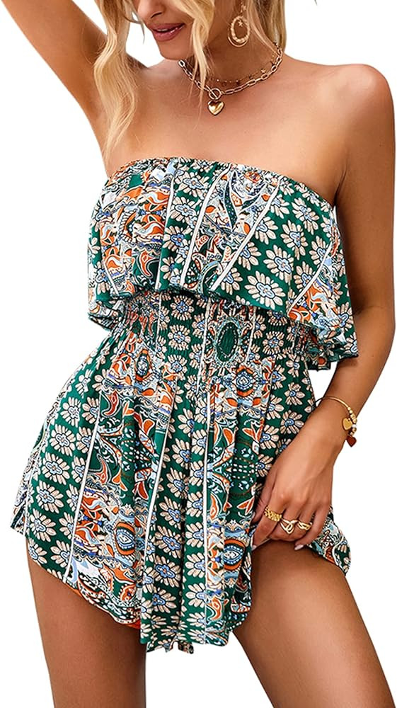 ECOWISH Women Off Shoulder Romper Strapless Floral Print Striped Beach Shorts Jumpsuit | Amazon (US)