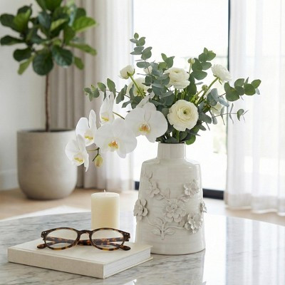 Ceramic Vase - Floral Embossed Ceramic, Boho Glam Decorative Accent for Home, Office, Bedroom, Living Room - Elegant Modern Flower Design - 11" White | Target