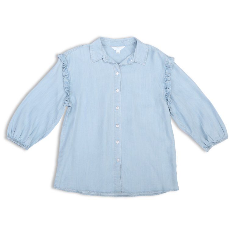 Time and Tru Women's Ruffle Sleeve Button Front - Walmart.com | Walmart (US)