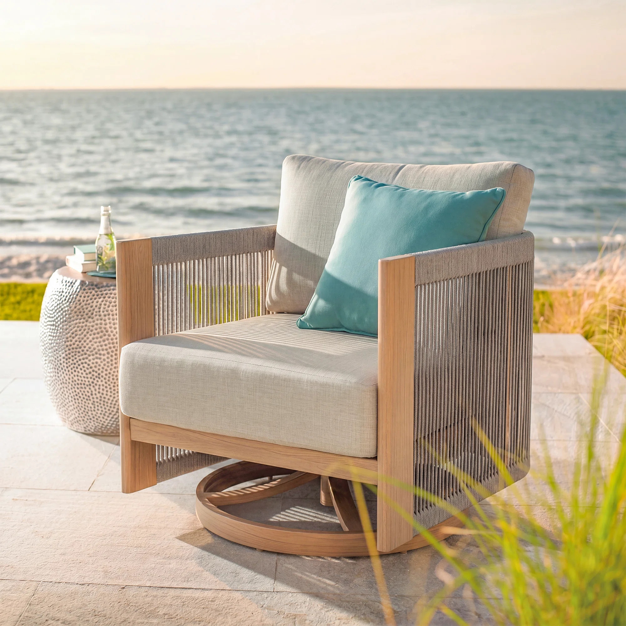 Positano Patio Aluminum Swivel Club Chair Woven Rope Lounge Chair With Sunbrella® Cushions | Wayfair North America