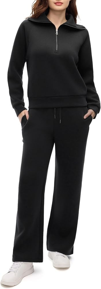 Womens 2 Piece Oversized Sweatsuits Casual Lapel Half Zip Sweatshirts Sweatpants Wide Leg Pants T... | Amazon (US)