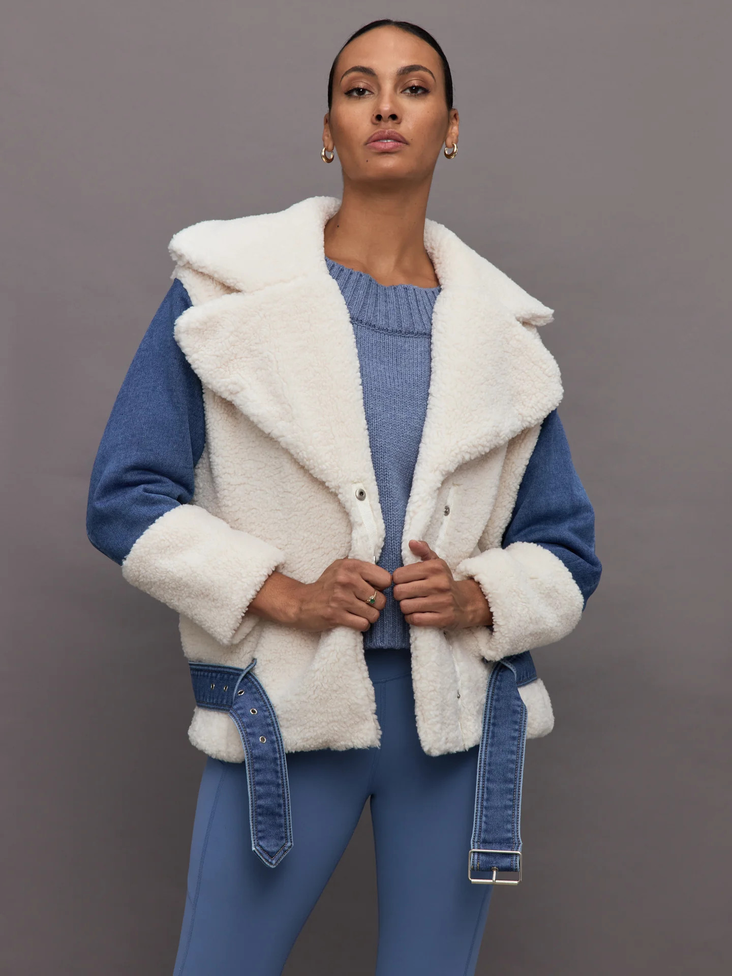 Carbon38 Sherpa Denim Jacket - Natural / Medium Wash - Size M | Carbon38