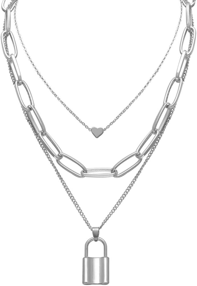 Salircon Silver Layered Necklace Aesthetic Punk Jewelry Lock and Key Thick Chain Necklaces for Wo... | Amazon (US)