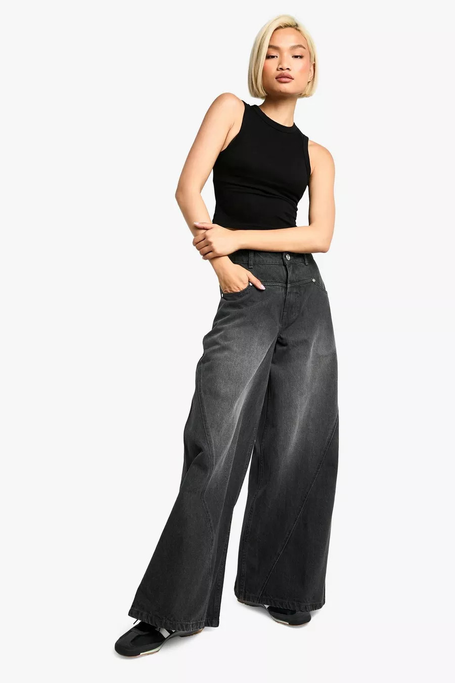 Seam Detail Washed Black Wide Leg Denim Jean | boohoo (US & Canada)