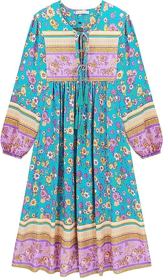 R.Vivimos Women's Long Sleeves Floral Print Retro V Neck Tassel Casual Bohemian Midi Dresses | Amazon (US)