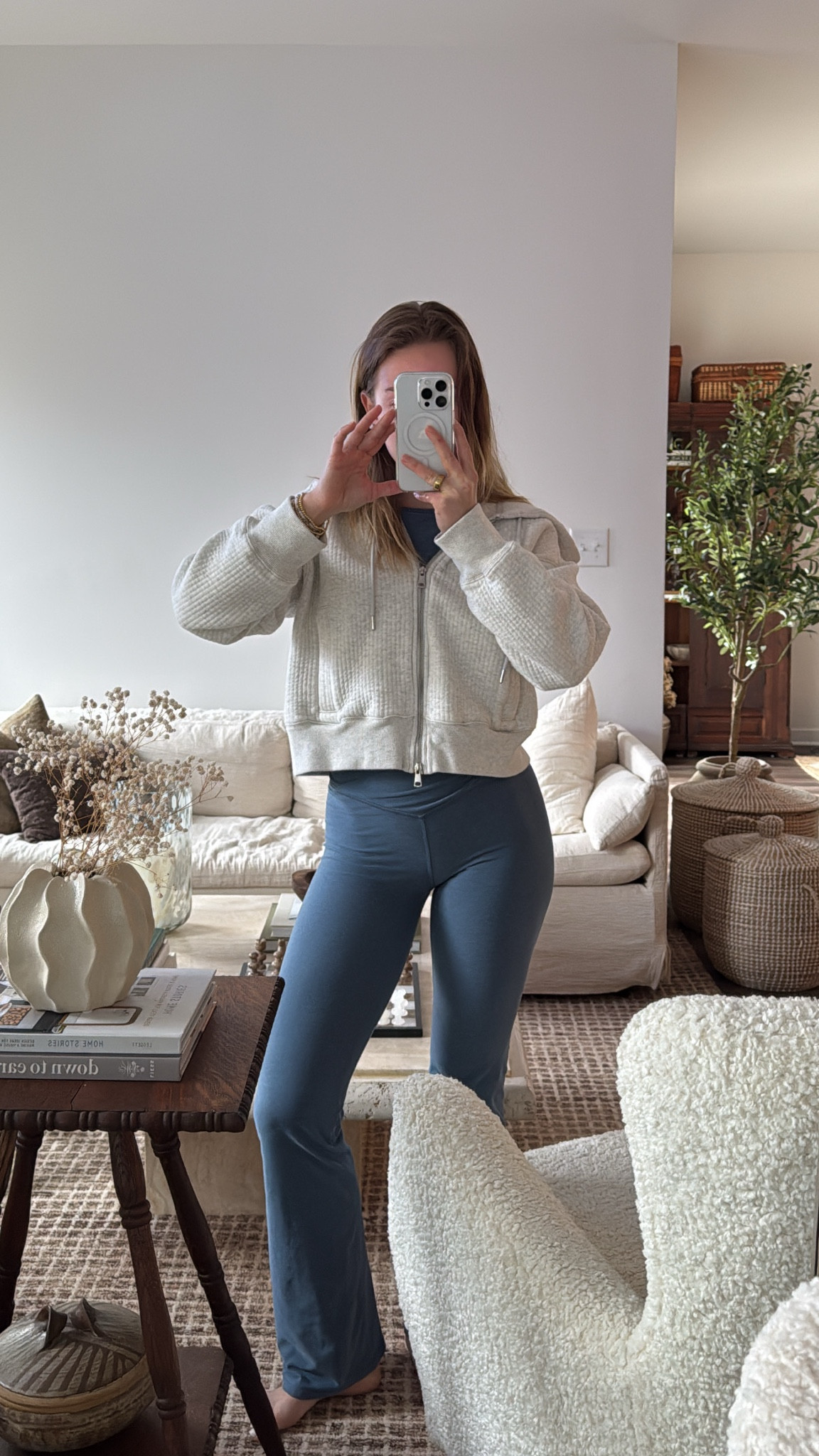 1/31/25 Morning lounge outfit 🫶🏼 Abercrombie YPB activewear, blue flared leggings, flattering workout set, Abercrombie hoodie, cozy activewear, stylish activewear set, indoor exercise setup, casual athleisure look, active lifestyle outfit, gym-to-home outfit, comfortable activewear, YPB activewear set, trendy workout wear, at-home fitness essentials, chic workout style.

