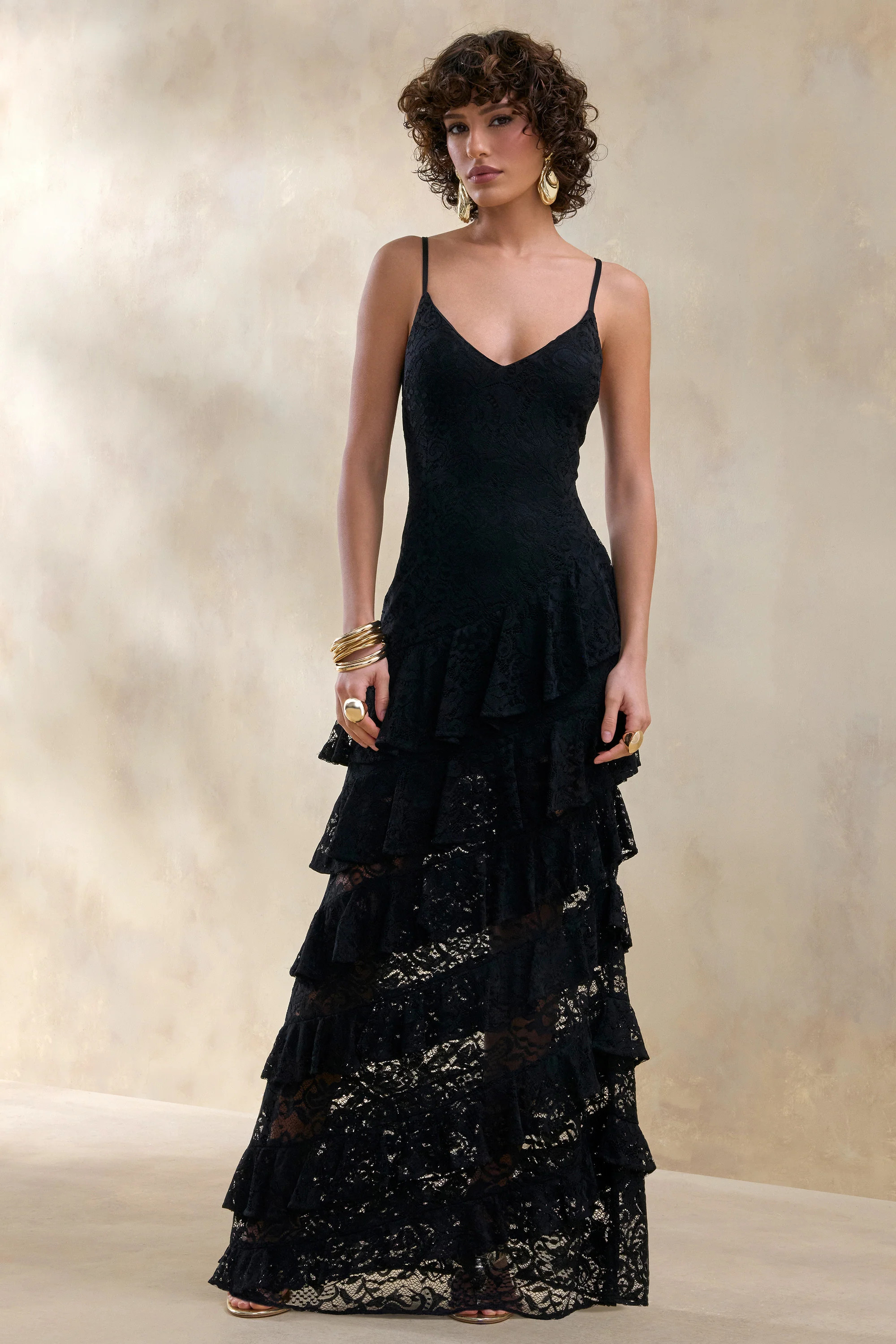 Avelisse | Black Lace Plunge-Neck Maxi Dress With Ruffled Detailing | Club L London