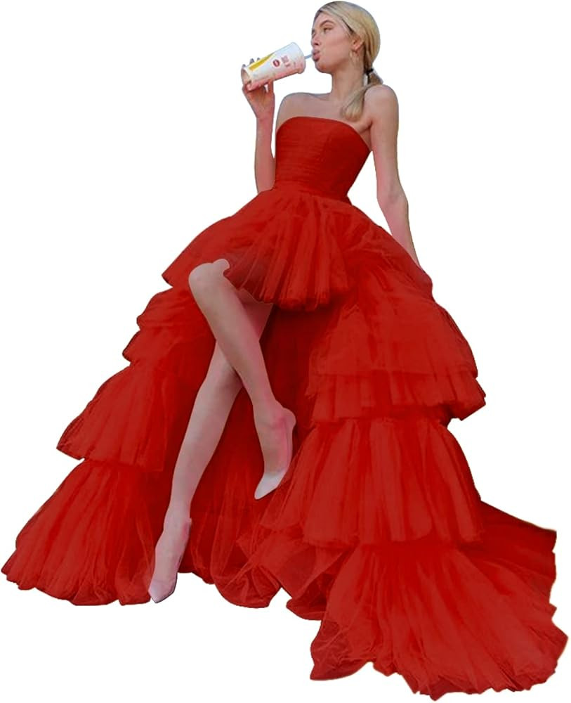 Sevintage High Low Tulle Prom Dress for Women Long Strapless Layered Formal Party Dresses with Tr... | Amazon (US)