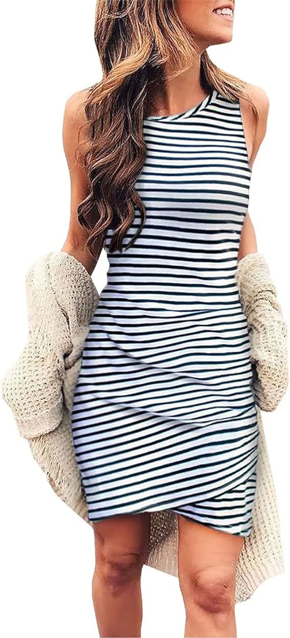 BTFBM Women 2024 Summer Sleeveless Tank Dresses Crew Neck Slim Fit Short Casual Ruched Bodycon Pa... | Amazon (US)