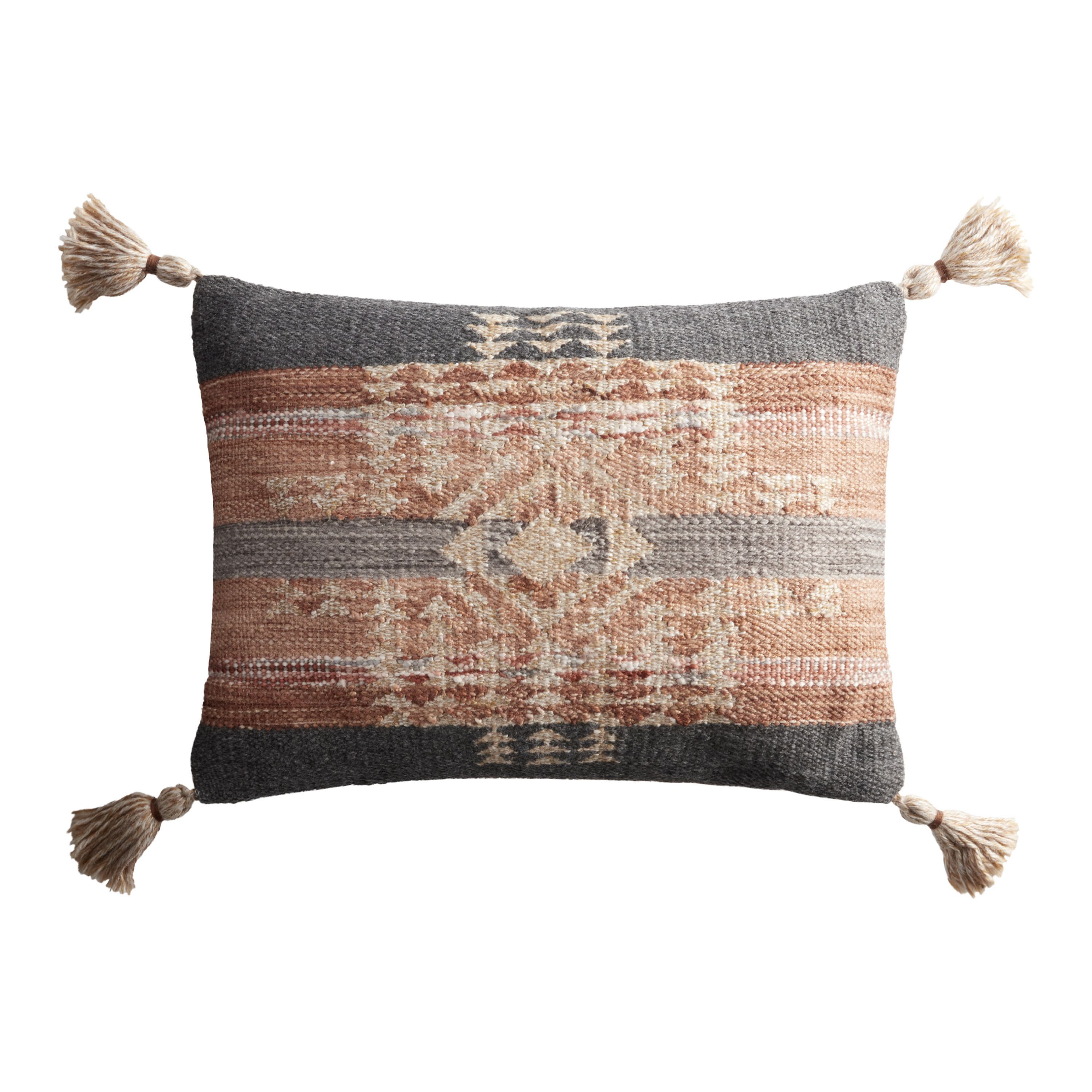 Nova Gray And Rust Kilim Indoor Outdoor Lumbar Pillow - World Market | World Market