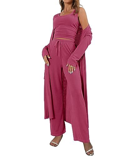 Mushan Women's 3 Piece Lounge Set Open Front Cardigan Pajamas Set Barbie pink S | Amazon (US)