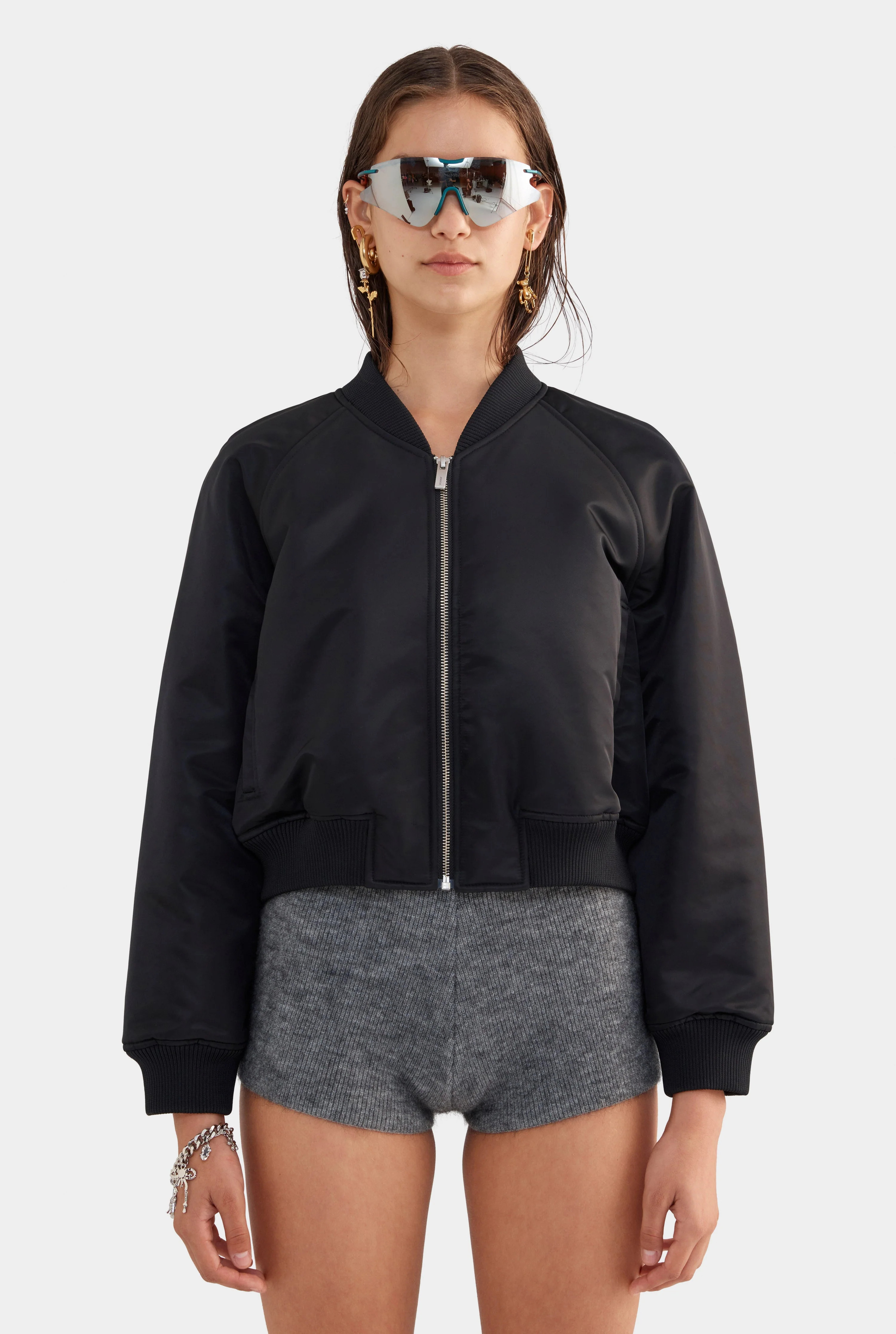 Womens Cropped Nylon Bomber Jacket in Black | Venroy | Venroy AU