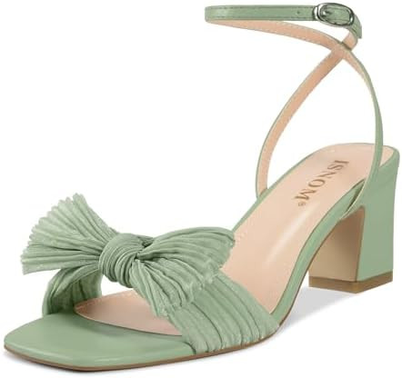 ISNOM Women's Bow Knot Heeled Sandals Ankle Buckle Strap Open Toe Block Chunky Heels Bride Weddin... | Amazon (US)